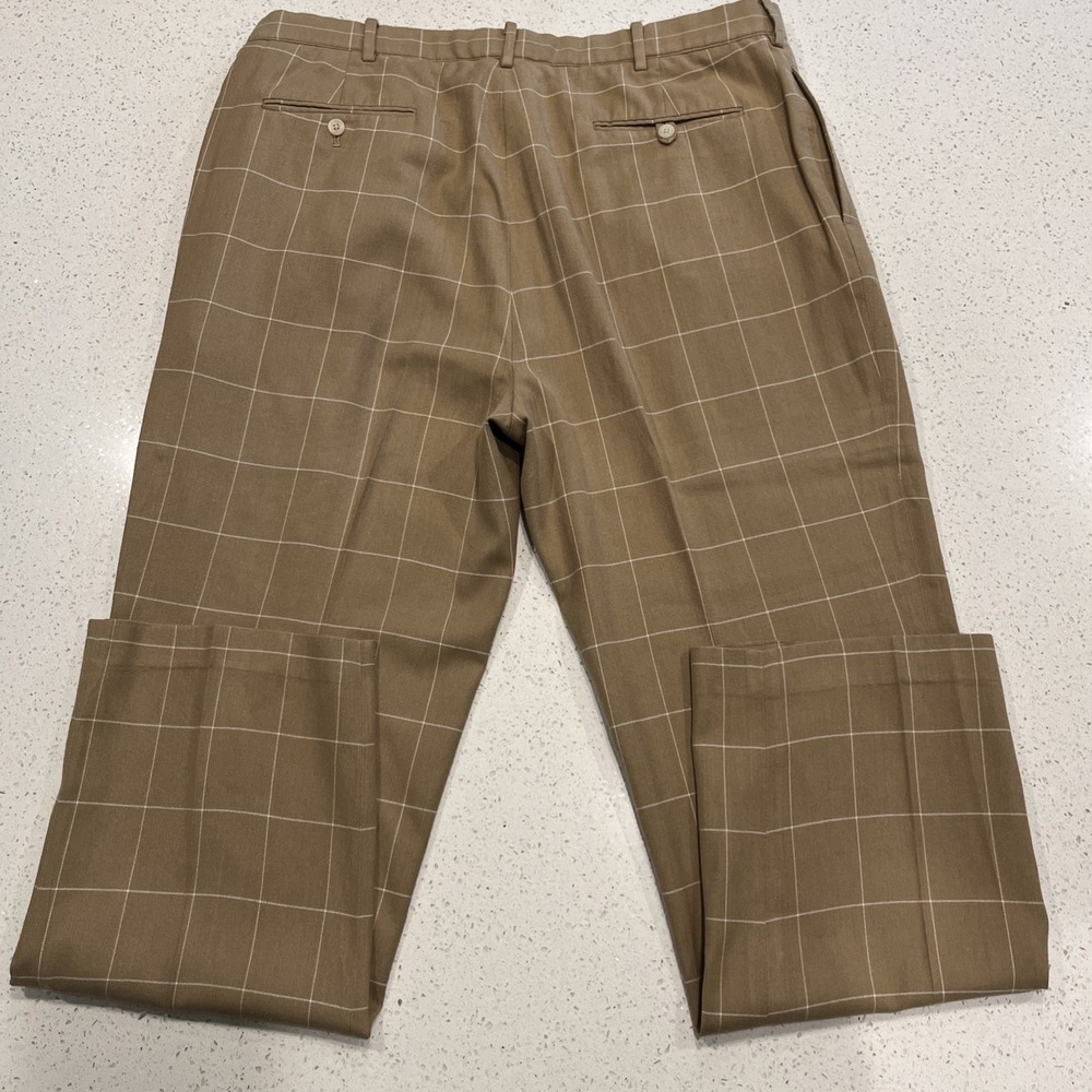 Polo Golf  Pants Mens 38/33 Brown Windowpane Pleated Wool Silk Cotton - Picture 6 of 6